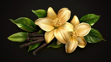 Fototapeta premium Detailed illustration of yellow magnolia flowers with green leaves and vanilla pods on a dark background.
