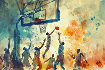 A basketball game, featuring players leaping and shooting on a vibrant court, highlighting teamwork and athleticism amidst cheering fans and an enthusiastic crowd.