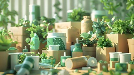 Fototapeta na wymiar Manufacturers Developing Eco-Friendly Packaging Solutions: A 3D Rendered Vision of Sustainable Packaging Innovations