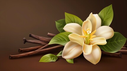 Illustration of a beautiful vanilla flower with pods on a dark brown background.