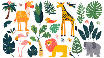 a collection of isolated jungle animals and lush greenery