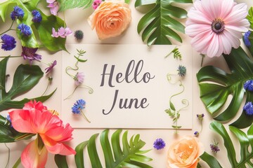 "Hello June", greeting card with text architectural font script on beige background surrounded by colorful spring flowers Generative AI