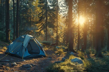 Camping tent in autumn forest near lake.