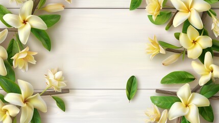 Elegant floral design with vivid white and yellow plumeria flowers and green leaves on a white wooden background.