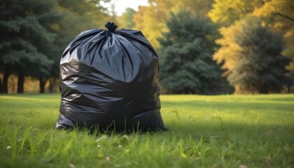A large black trash bag sitting on a grassy field with trees and foliage in the background