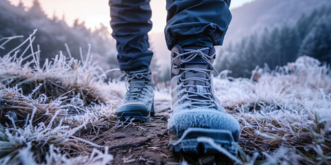 Hiking Shoes on Frosty Morning Path