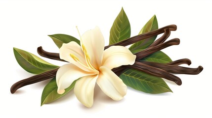 Highly detailed illustration of a creamy lily flower with golden stamens and vanilla beans surrounded by green leaves.