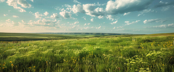 Verdant meadows stretch to the horizon, a patchwork quilt of emerald hues beneath an endless sky.