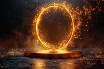 A glowing golden ring floats in the air, surrounded by sparks and smoke, with a dark background and an empty circular stage at its bottom. Created with Ai