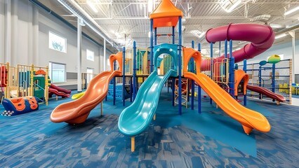 Vibrant indoor playground with slides and toys in a school building . Concept Indoor Playground, School Building, Slides, Toys, Vibrant Colors