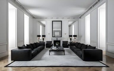 Empty-painted White wall.Luxury interior design of living room with Black sofa furniture and blank background. mockup living room design. 3d render