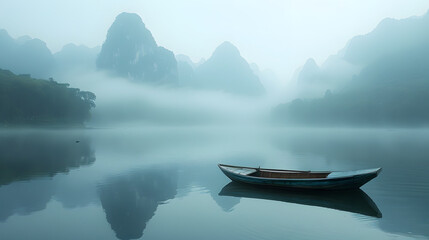 Fototapeta premium Tranquil Reflections of Mountains and a Lone Boat Amidst Nature's Peaceful Scenery