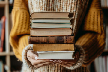 A girl in the library holds a stack of books in front of her
