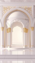 Elegant white and gold Islamic architectural interior with arched doorways and ornate columns.