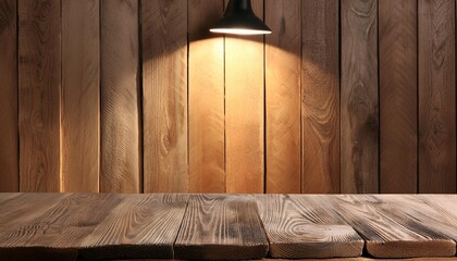 empty wooden table with light on wooden wall blurred background high quality photo