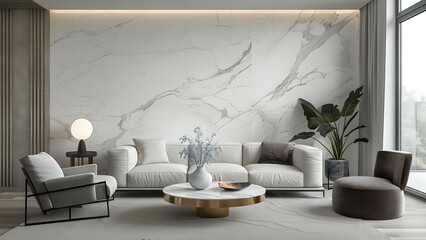 Stylish living room with modern Art Deco minimalism and white marble wall . Concept Interior Design, Living Room Decor, Art Deco Style, Minimalistic, White Marble Wall