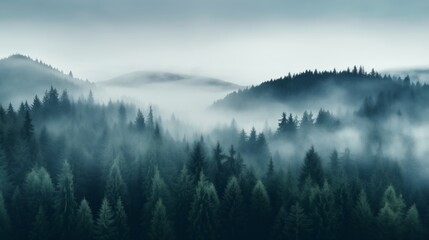 Photograph of a foggy forest. Misty Forest Aerial Photograph with Pine Trees. Foggy, Atmospheric Nature Background