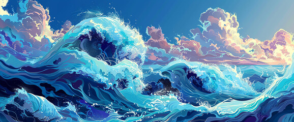 Produce a digital illustration capturing the vibrant energy of ocean waves, with colors ranging from azure to deep navy, symbolizing the perpetual motion and vitality of the sea.