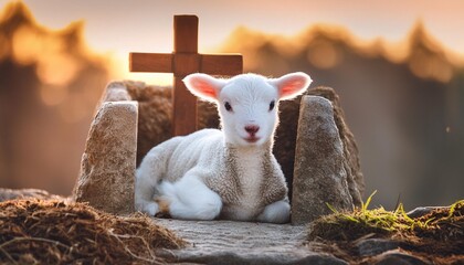 easter concept a lamb in empty tomb stone with cross on sunrise background