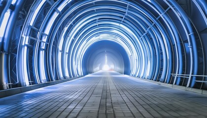 abstract tunnel corridor with rays of light and new highlights abstract blue background neon scene with rays and lines round arch light in motion night view