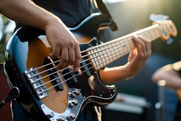 Sunlight illuminates bass players hands creating melodious tunes on glossy instrument