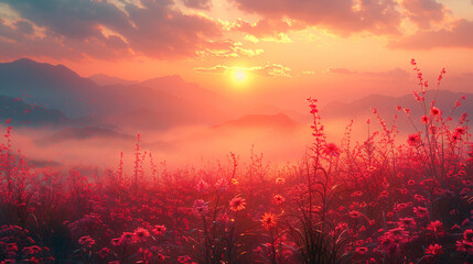 Sunset Glow Over Red Wildflower Meadow with Misty Mountains
