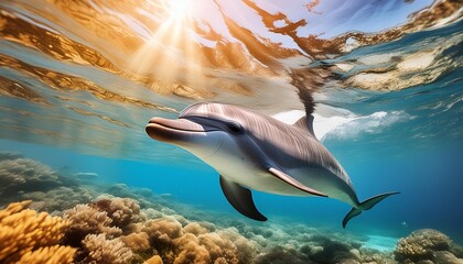 graceful dolphin swimming underwater in crystal clear blue ocean waters