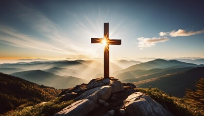 a christian cross on top of a mountain with a shinin