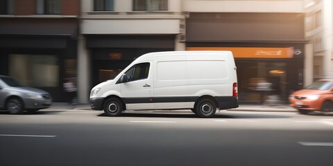 A white delivery van driving on a city street, with blurred motion indicating speed