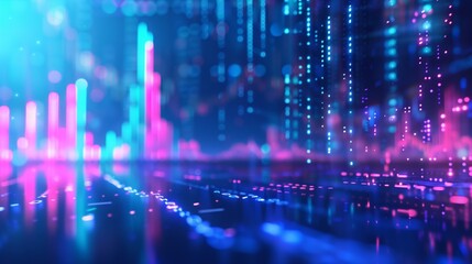 Obraz premium Futuristic cityscape with neon lights and glowing digital wave pattern on a wet surface, reflecting vibrant colors.