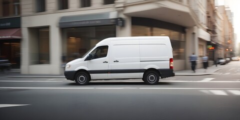 A white delivery van driving on a city street, with blurred motion indicating speed
