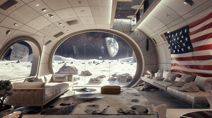 Futuristic living room interior with large windows on the moon with an American flag