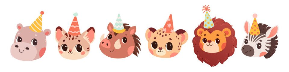 Happy birthday concept animal vector set. Collection of adorable wildlife. Birthday party funny animal character