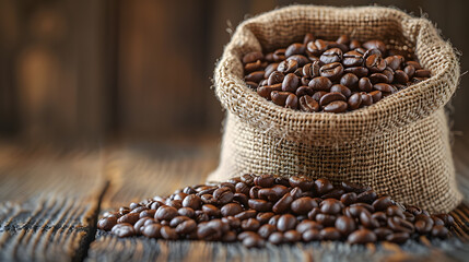 Aromatic Whole Coffee Beans in a Rustic Burlap Sack Spilled on a Wooden Table - The Essence of Caffeine and Rich Flavors