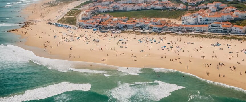 'Aerial Praia ocean sunset Portugal people Leiria Ferrel endless coastline Baleal beach view'
