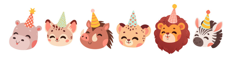 Happy birthday concept animal vector set. Collection of adorable wildlife. Birthday party funny animal character