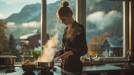 Workation. A woman in a kitchen, cooking on a stove, with steam rising from a pot. Indoor portrait with natural light, representing culinary and homely vibes.