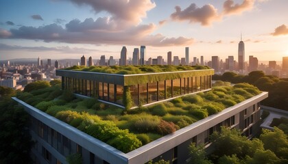 A modern building with a green roof covered in lush vegetation overlooking a city skyline at sunset