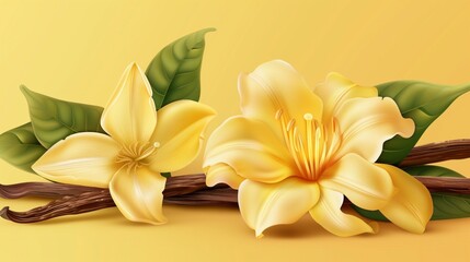 Vibrant illustration of yellow lilies and green leaves on a yellow background with a vanilla bean.