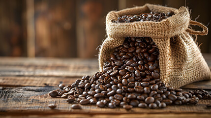 Aromatic Whole Coffee Beans in a Rustic Burlap Sack Spilled on a Wooden Table - The Essence of...