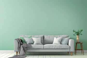 **3D rendering of a living room with a gray sofa, green walls, and a plant in the corner in a minimalist style.**
