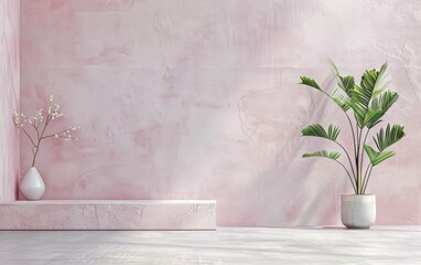A white vase with flowers sits on a pedestal in front of a pink wall