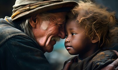 Tender portrait showcasing the compassionate connection between an older gentleman and a young child - Powered by Adobe