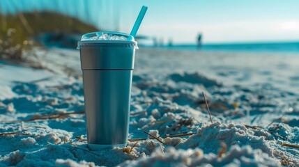 A Tumbler bottle with blue straw and drink or coffee in it is on a beach