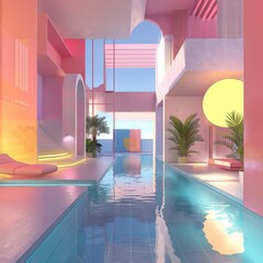 Futuristic modern house with sleek design, colorful accents, and a swimming pool. Architectural composition highlighting clean lines and vibrant colors. Suitable for design for print, poster