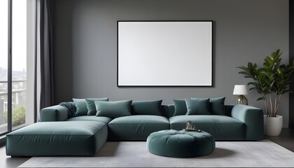 A modern living room with a large gray sectional sofa, green accent pillows, and a blank framed wall art above the sofa