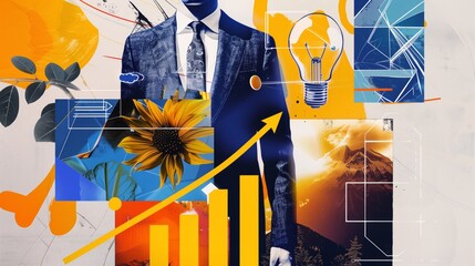 Vibrant collage featuring a businessman, various abstract and nature elements, symbolizing creativity and growth.