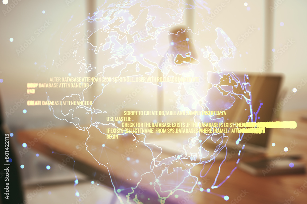 Aufkleber Abstract creative coding illustration with world map on modern computer background, international software development concept. Multiexposure