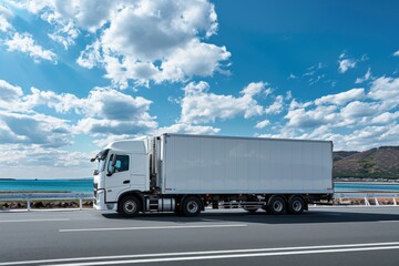 Dynamic Side View of White Truck and Trailer on Japanese Highway. Cargo Transportation and Logistics.