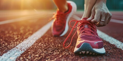 closeup of sporty runner tying shoelaces for run
